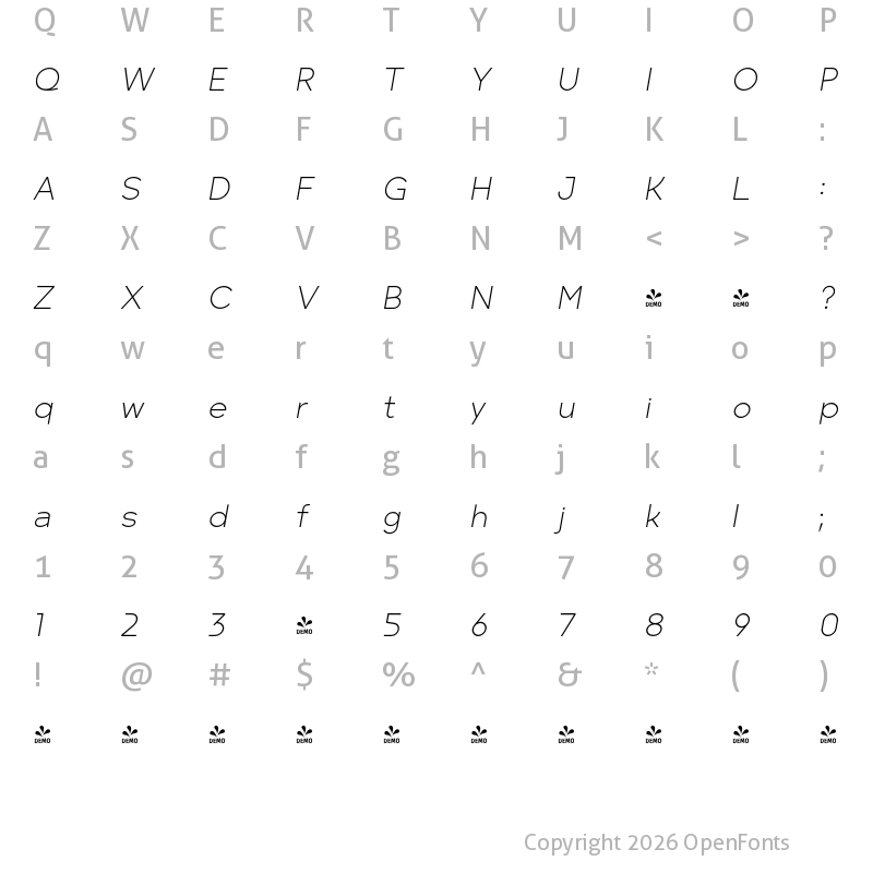 Character Map of FONTSPRING DEMO - Minork Sans ExtLt Italic