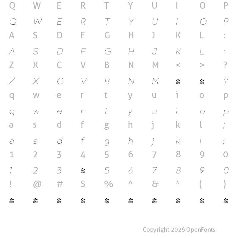 Character Map of FONTSPRING DEMO - Minork Sans Hair Italic