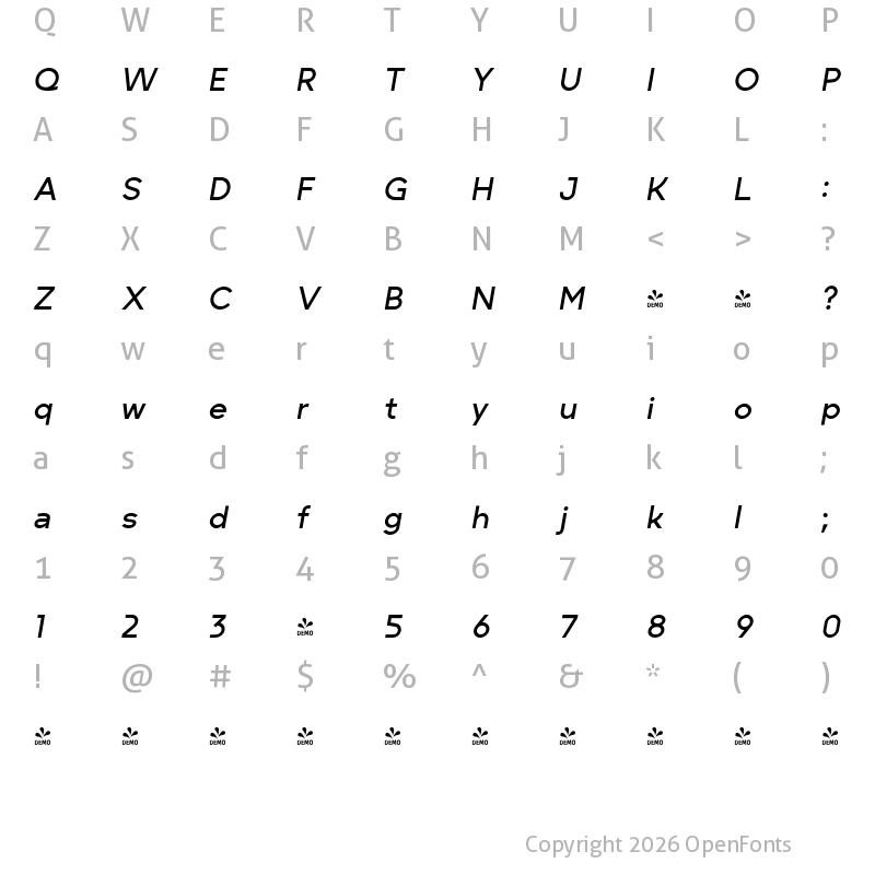 Character Map of FONTSPRING DEMO - Minork Sans Med Italic
