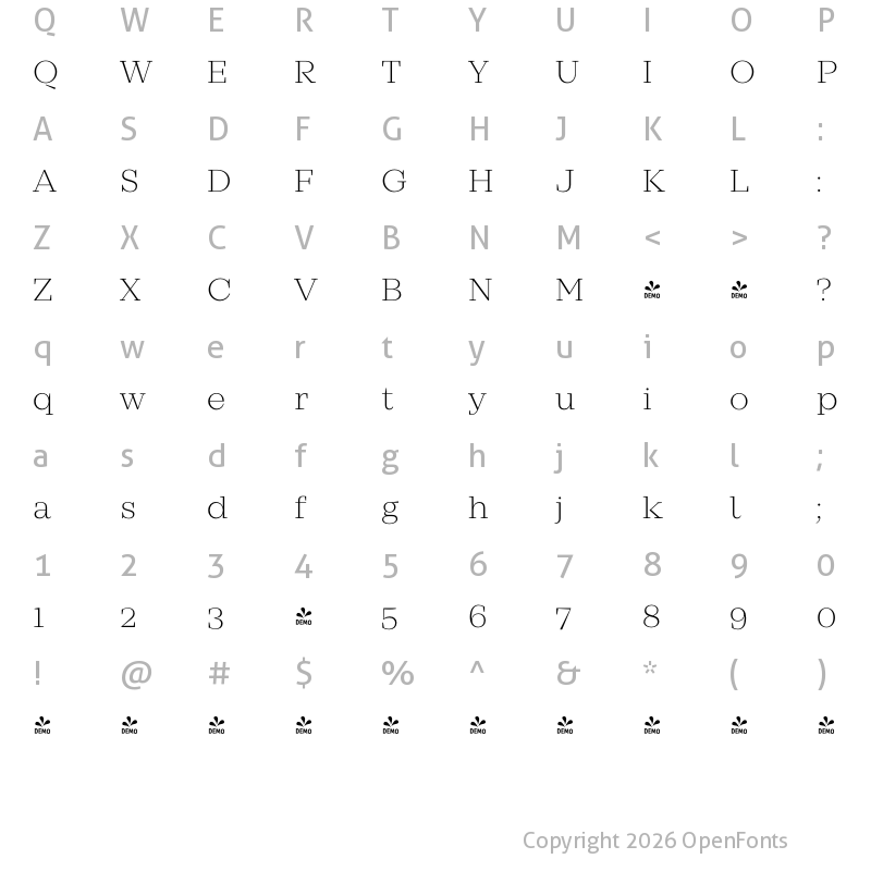 Character Map of FONTSPRING DEMO - Mirador ExtraLight Regular