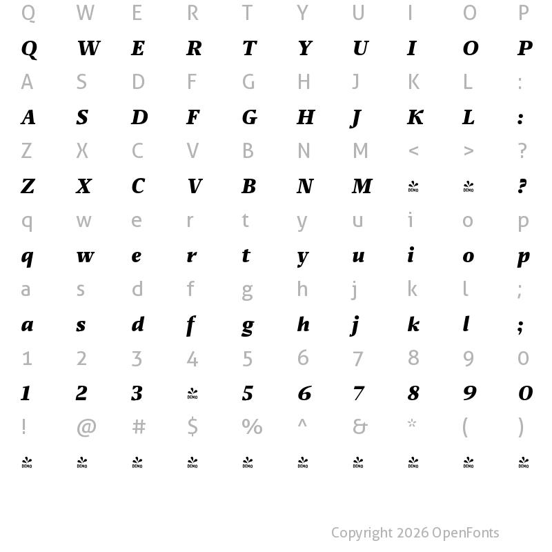 Character Map of FONTSPRING DEMO - Miragem Extra Bold Italic Italic