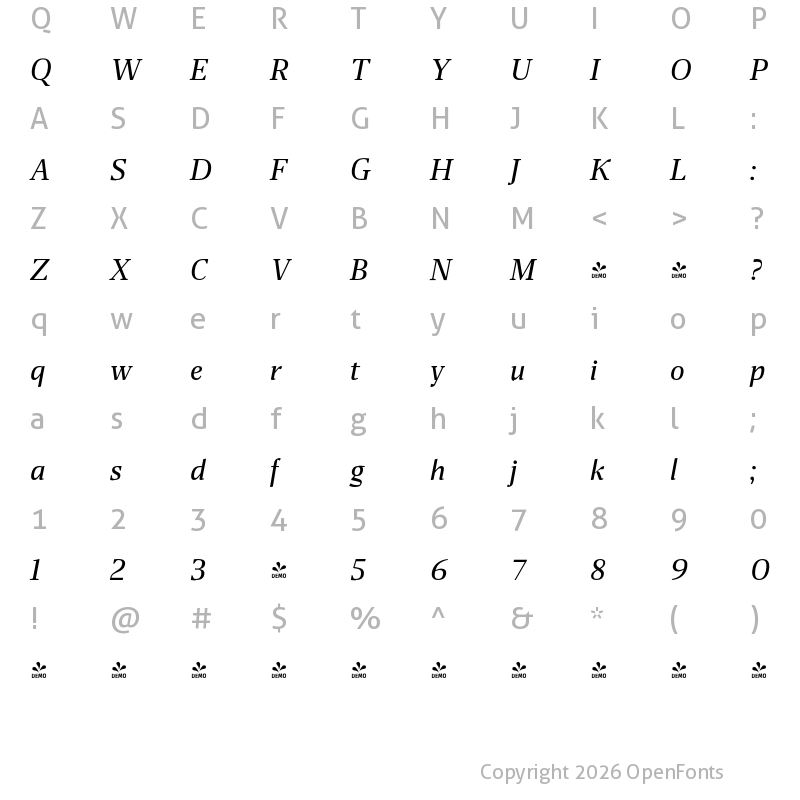 Character Map of FONTSPRING DEMO - Miragem Medium Italic Italic