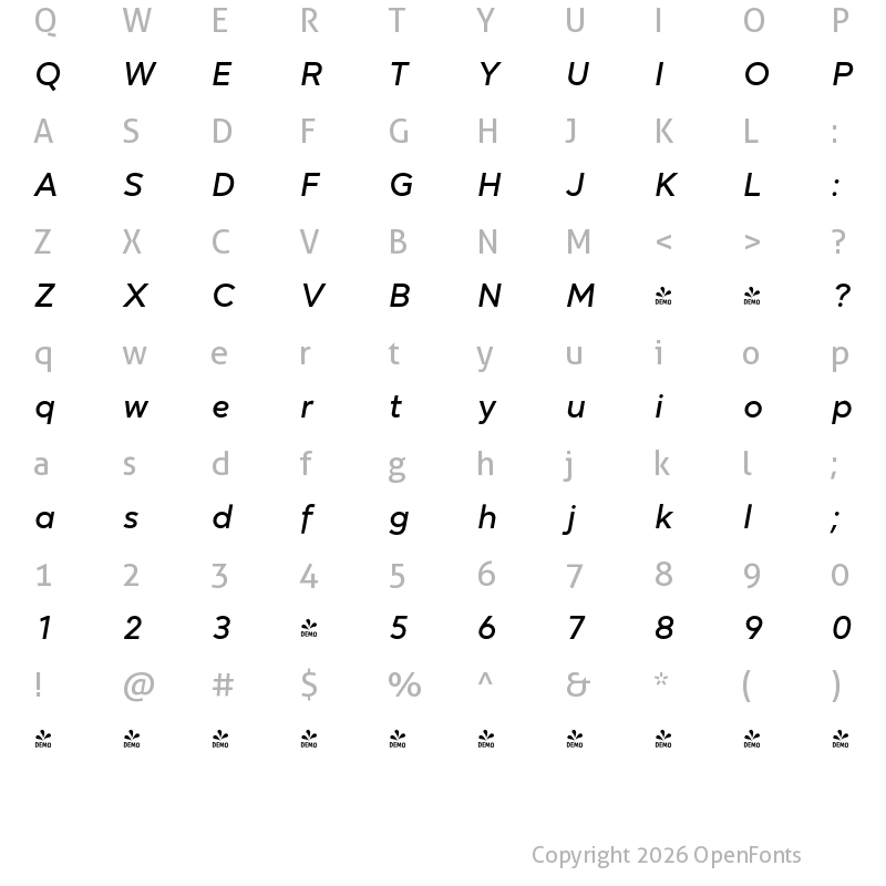 Character Map of FONTSPRING DEMO - Mirai Med Italic