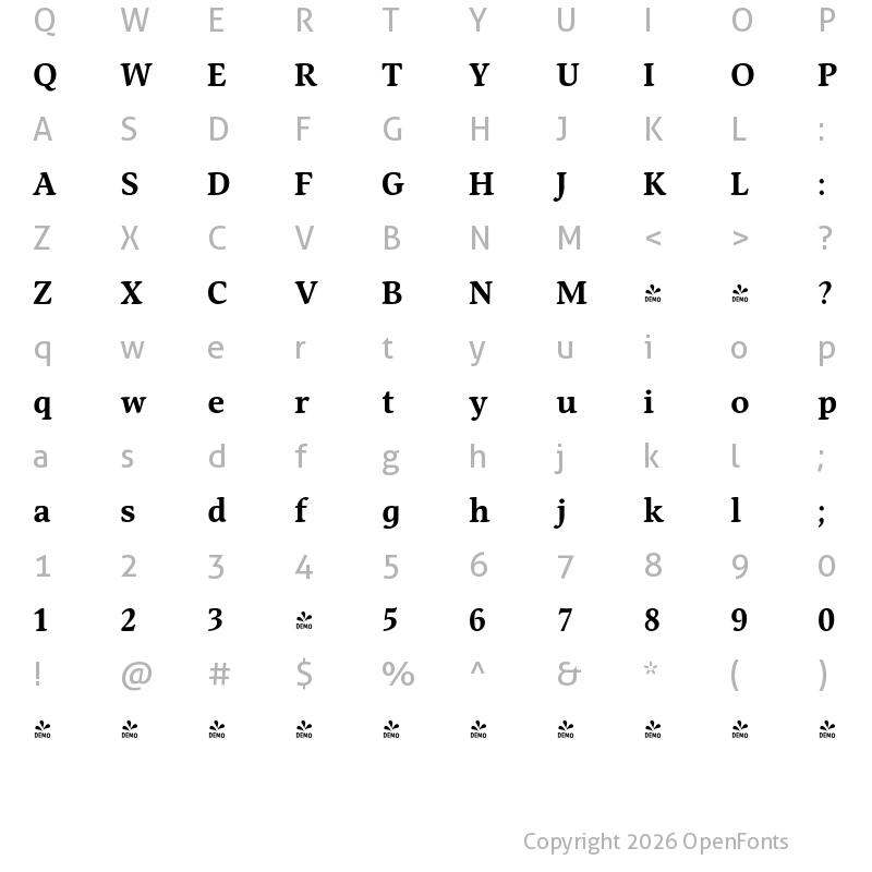 Character Map of FONTSPRING DEMO - Mirandolina Bold Regular