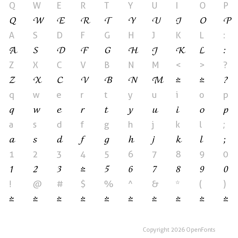 Character Map of FONTSPRING DEMO - Mirandolina CalligrOne Regular