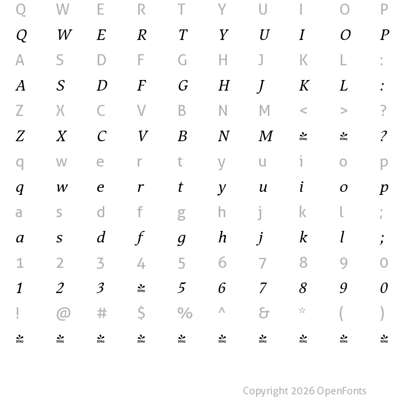 Character Map of FONTSPRING DEMO - Mirandolina Italic Regular
