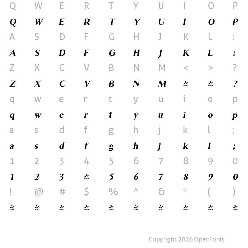 Character Map of FONTSPRING DEMO - Mistle Italic Bold