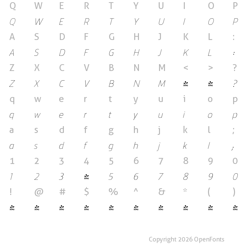 Character Map of FONTSPRING DEMO - Mitram Thin Italic