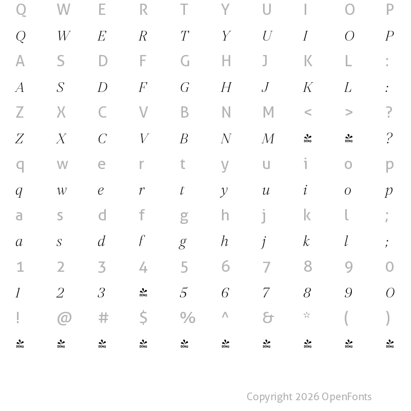 Character Map of FONTSPRING DEMO - Mixta Pro Light It Regular