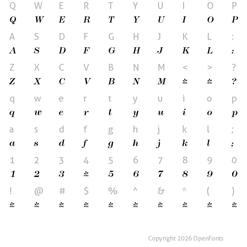 Character Map of FONTSPRING DEMO - Modern 216 Italic