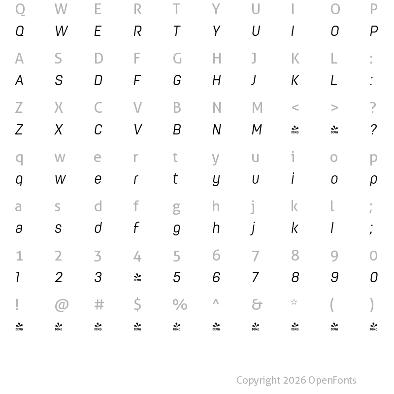 Character Map of FONTSPRING DEMO - Moderna Condensed Light It Regular