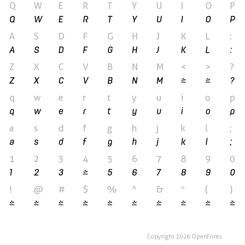 Character Map of FONTSPRING DEMO - Moderna Condensed Medium It Regular