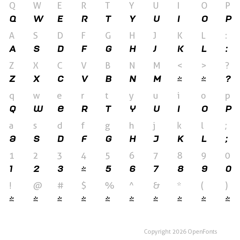 Character Map of FONTSPRING DEMO - ModernaUnicase Black Italic