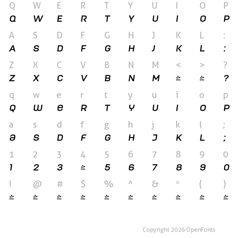 Character Map of FONTSPRING DEMO - ModernaUnicase Bold Italic