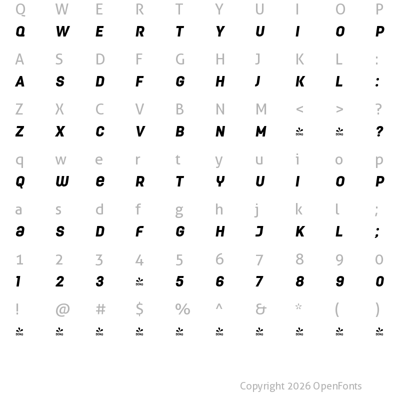Character Map of FONTSPRING DEMO - ModernaUnicase Condensed Black Italic