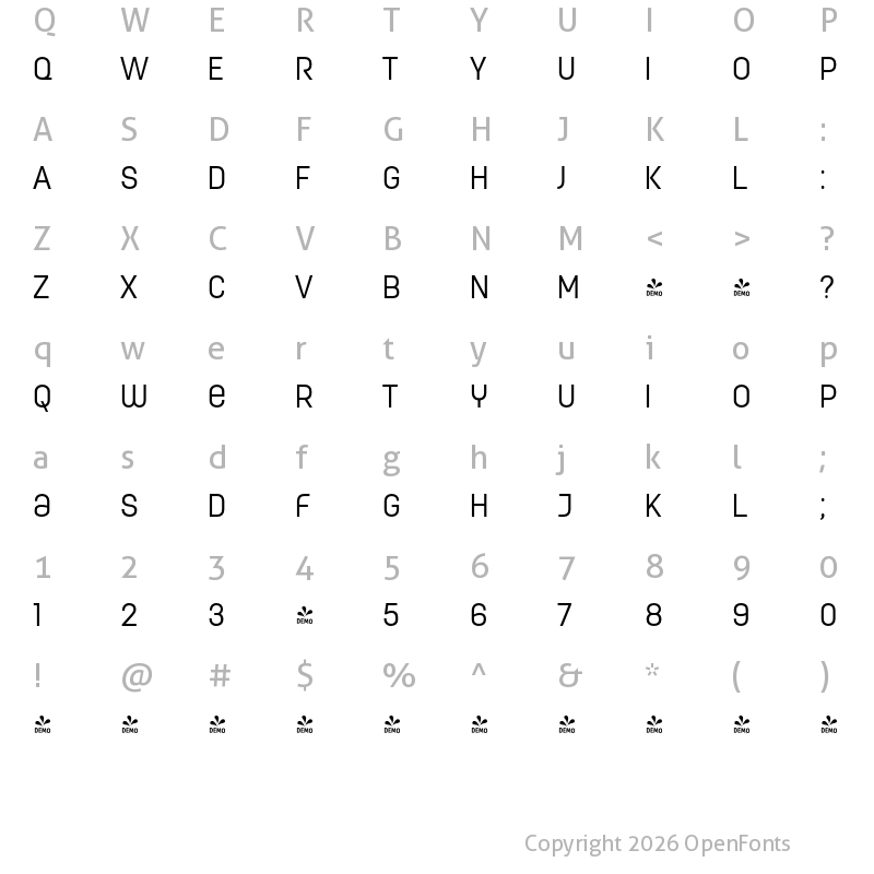 Character Map of FONTSPRING DEMO - ModernaUnicase Condensed Light Regular