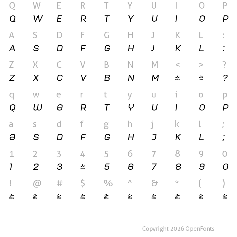 Character Map of FONTSPRING DEMO - ModernaUnicase Medium Italic