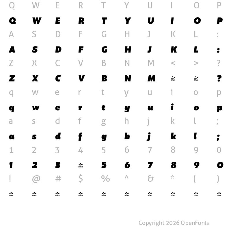 Character Map of FONTSPRING DEMO - Mohr Heavy It Regular