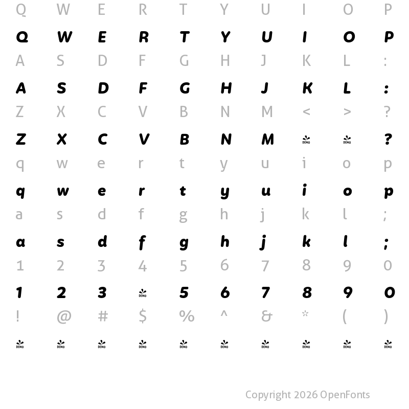 Character Map of FONTSPRING DEMO - Mohr Rounded Bold It Regular