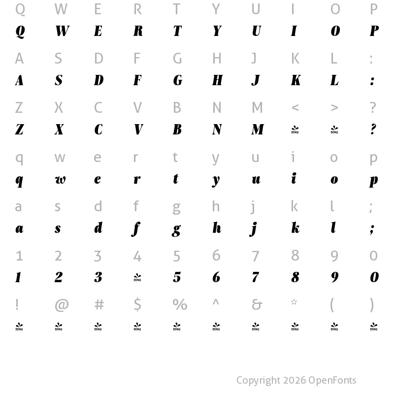 Character Map of FONTSPRING DEMO - Moisette Black Italic