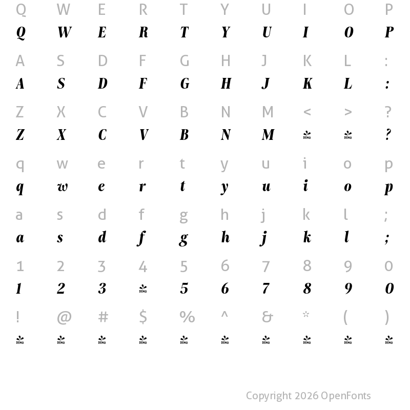 Character Map of FONTSPRING DEMO - Moisette Bold Italic