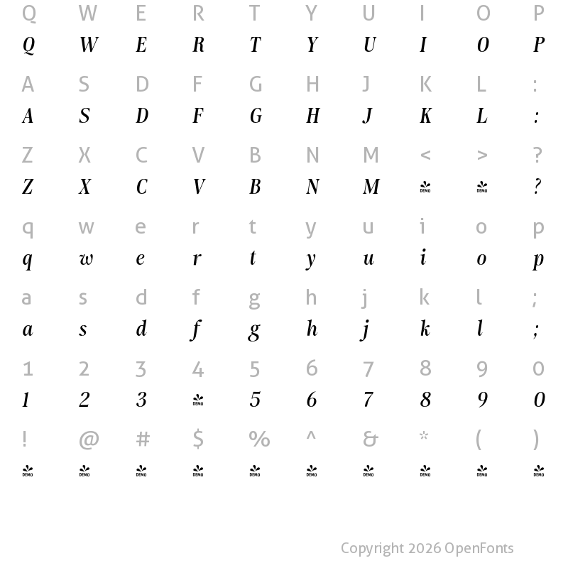 Character Map of FONTSPRING DEMO - Moisette Med Italic