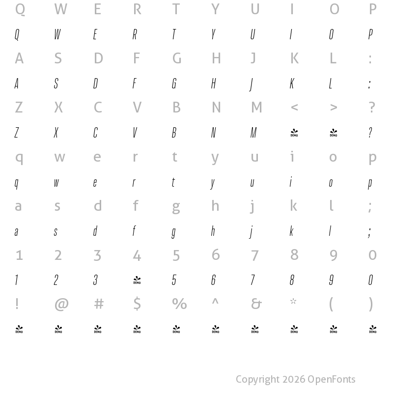 Character Map of FONTSPRING DEMO - Molde Compressed- Italic