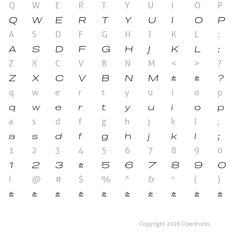 Character Map of FONTSPRING DEMO - Molde Expanded-Light Italic