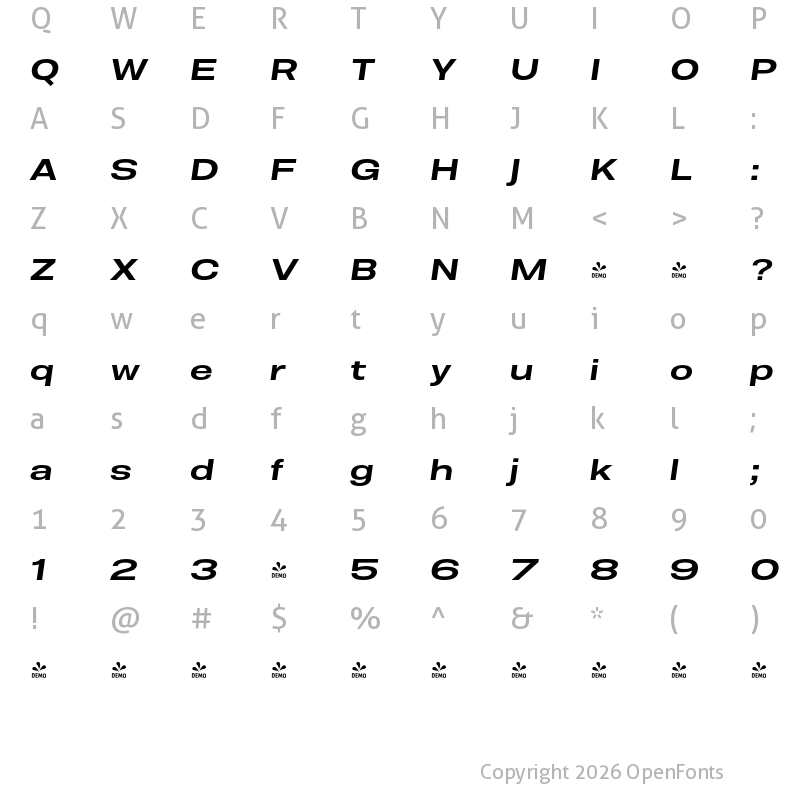 Character Map of FONTSPRING DEMO - Molde Expanded-Semibold Italic