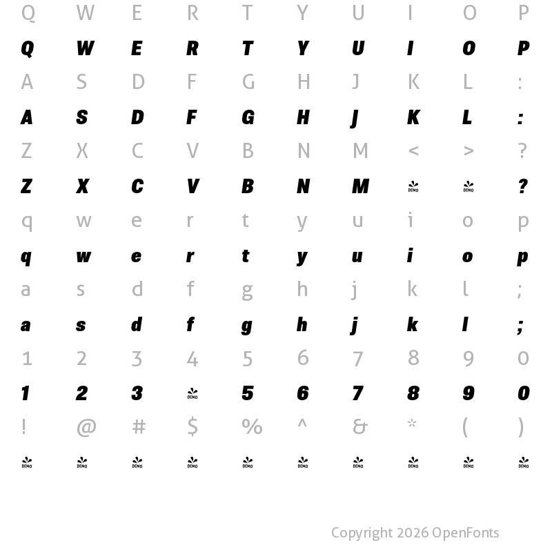 Character Map of FONTSPRING DEMO - Molde SemiCondensed-Heavy Italic