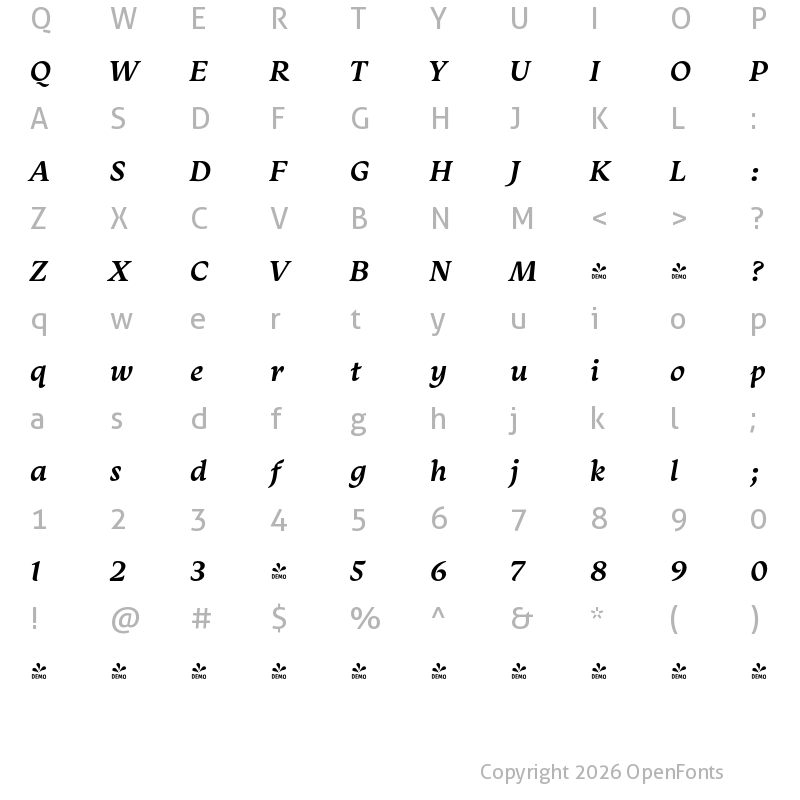 Character Map of FONTSPRING DEMO - Monarcha SemiBold Italic