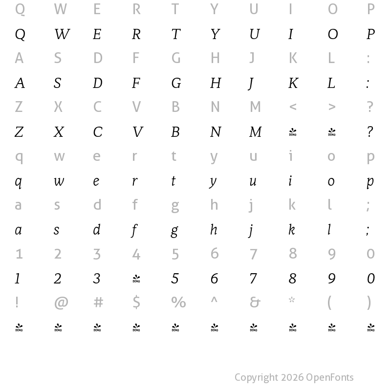 Character Map of FONTSPRING DEMO - Monark Light Italic