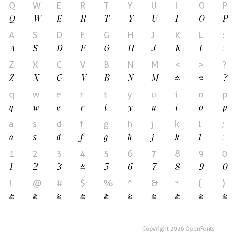 Character Map of FONTSPRING DEMO - Moncheur Havens Italic
