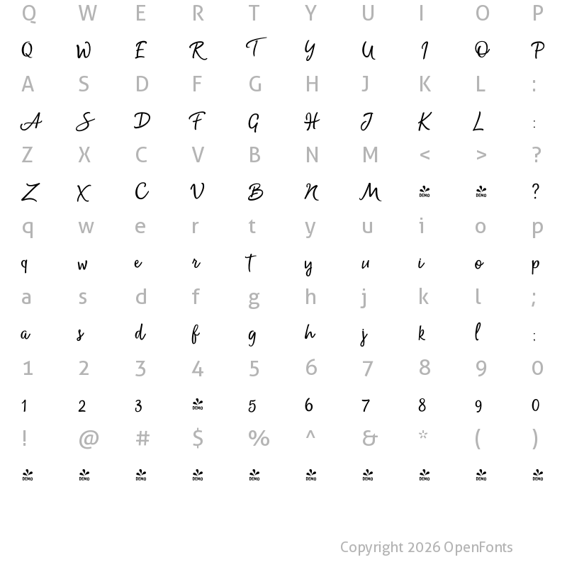 Character Map of FONTSPRING DEMO - Money Penny Script Regular