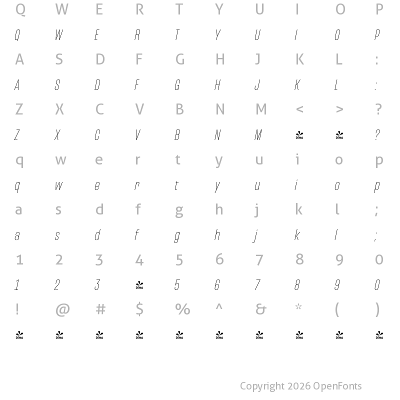 Character Map of FONTSPRING DEMO - Mongoose Thin Italic