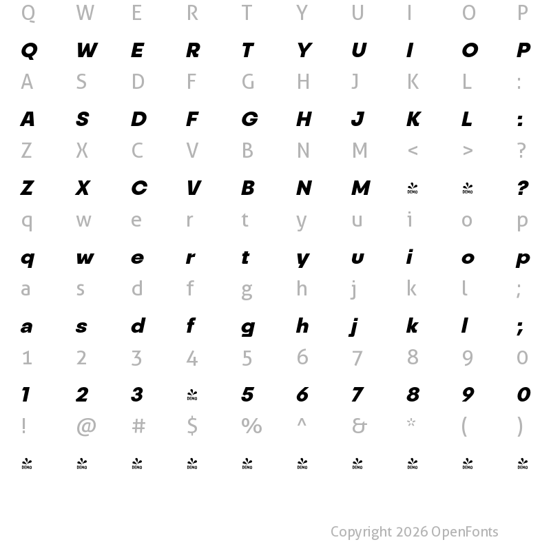 Character Map of FONTSPRING DEMO - Monolight Black italic Regular