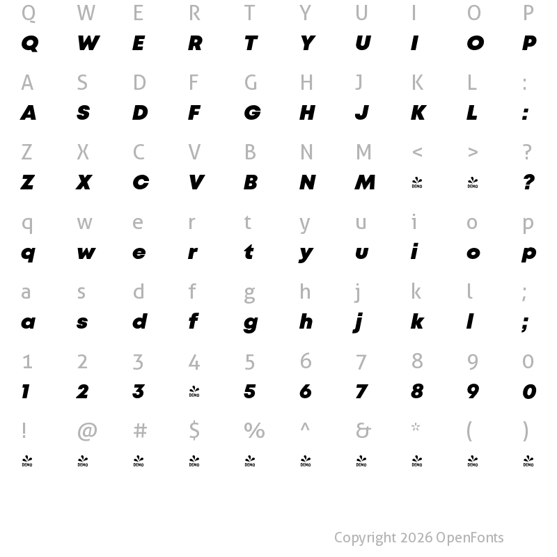 Character Map of FONTSPRING DEMO - Mont Black Italic Regular