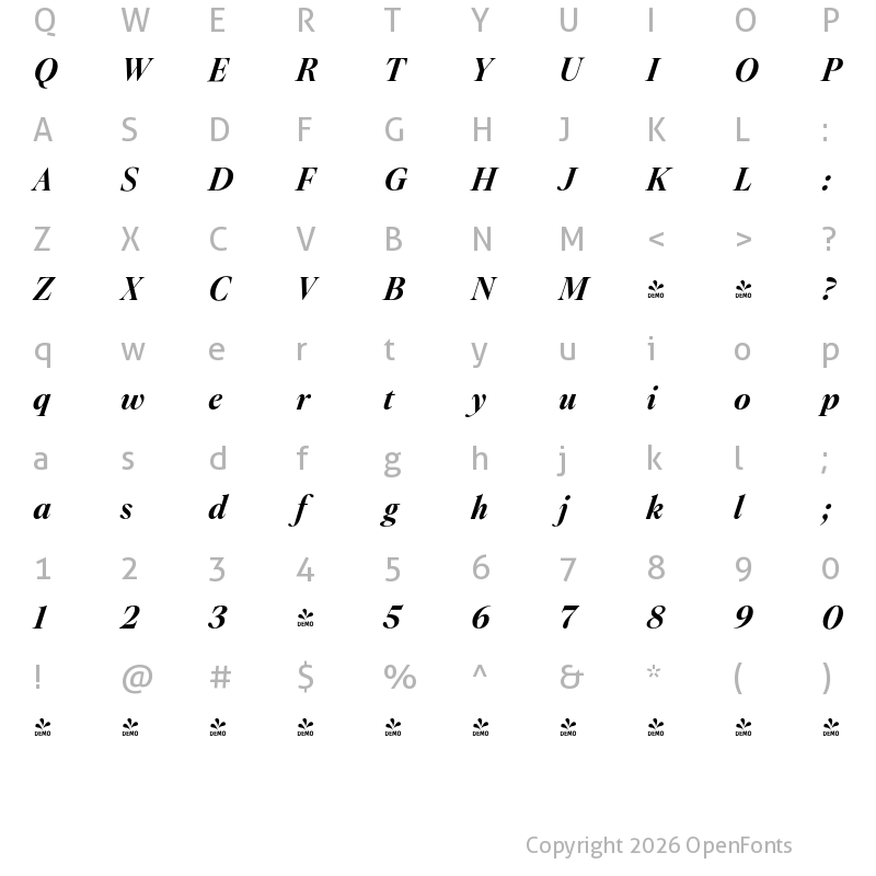 Character Map of FONTSPRING DEMO - Montaigne Bold Italic