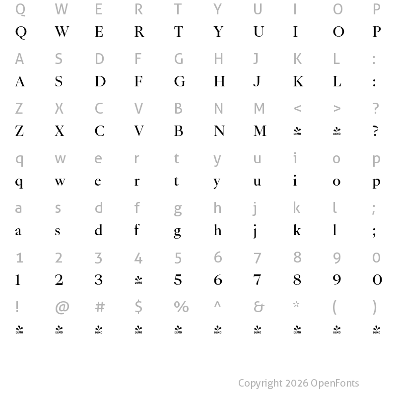 Character Map of FONTSPRING DEMO - Montaigne Book Regular