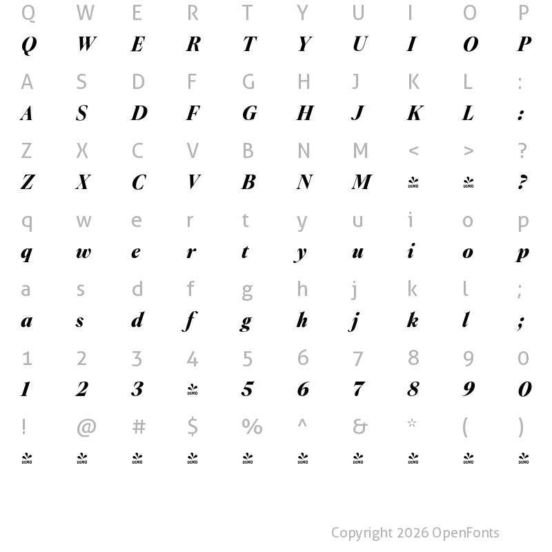 Character Map of FONTSPRING DEMO - Montaigne Extrabold Italic