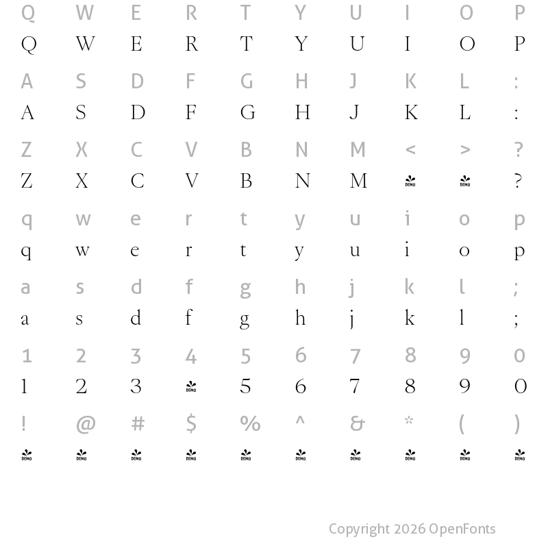 Character Map of FONTSPRING DEMO - Montaigne Extralight Regular
