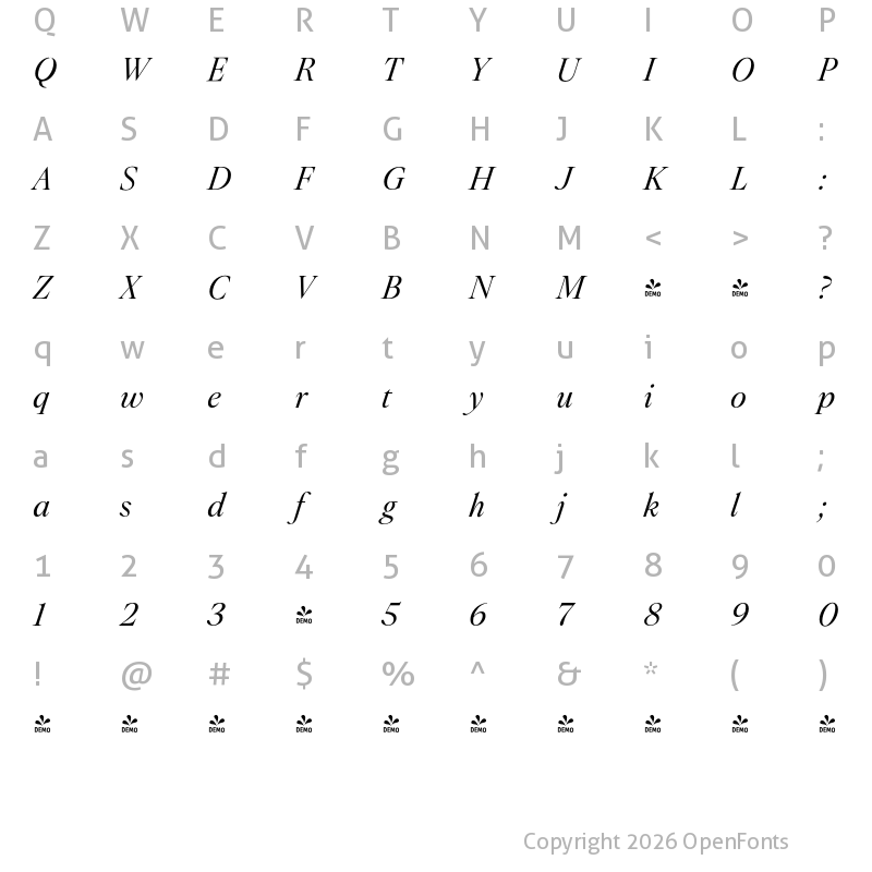 Character Map of FONTSPRING DEMO - Montaigne Italic