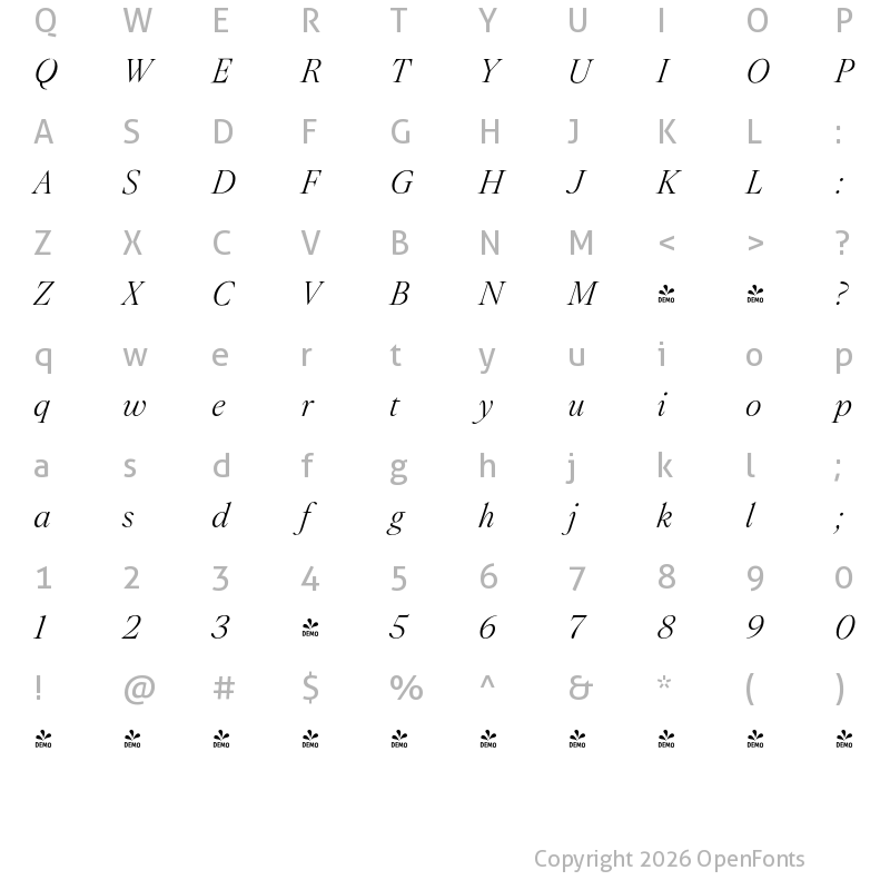 Character Map of FONTSPRING DEMO - Montaigne Light Italic