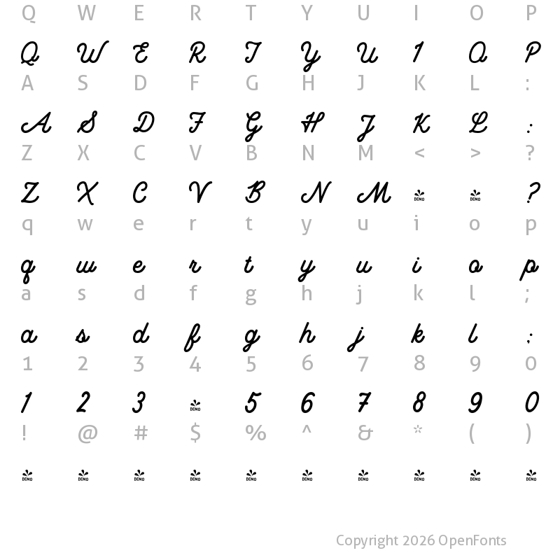 Character Map of FONTSPRING DEMO - Montebello Script Regular