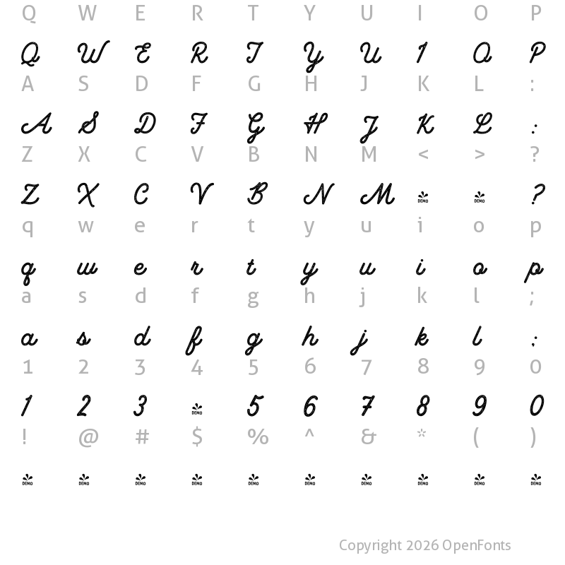 Character Map of FONTSPRING DEMO - Montebello Script - Textured Regular