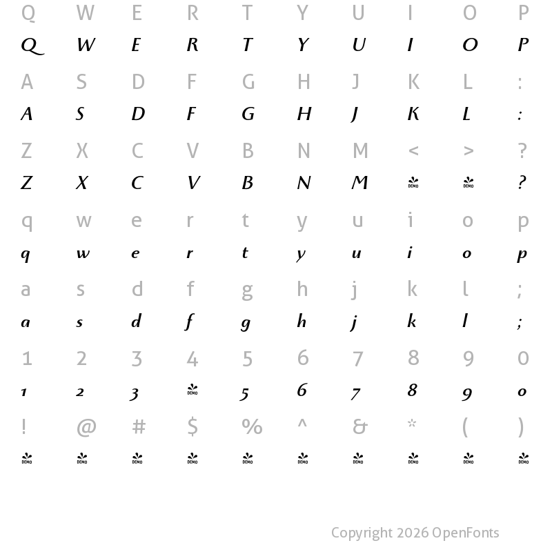 Character Map of FONTSPRING DEMO - Monterchi Bold Italic