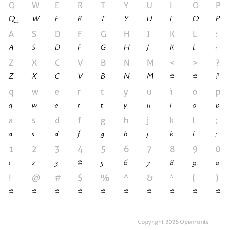 Character Map of FONTSPRING DEMO - Monterchi Sans Book Italic