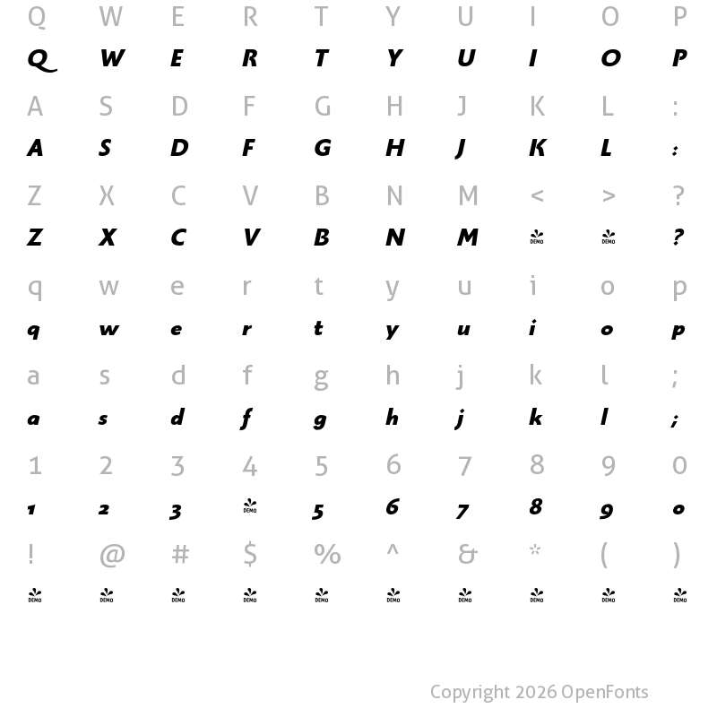Character Map of FONTSPRING DEMO - Monterchi Sans Extrabold Italic