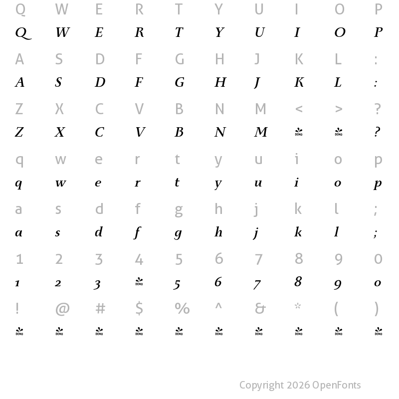 Character Map of FONTSPRING DEMO - Monterchi Serif Bold Italic