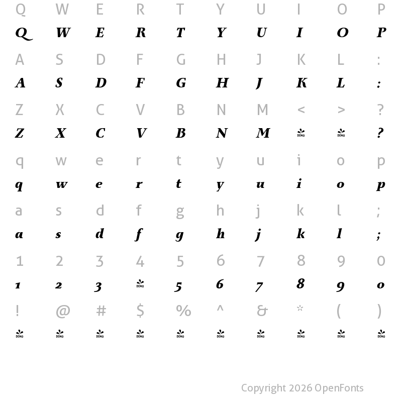 Character Map of FONTSPRING DEMO - Monterchi Serif Extrabold Bold